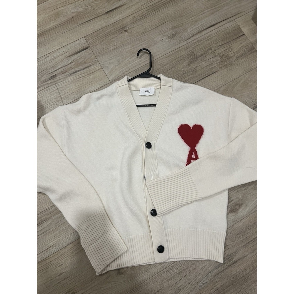 AMI Paris Ami de Coeur Cardigan Cream Red Heart Wool Size L